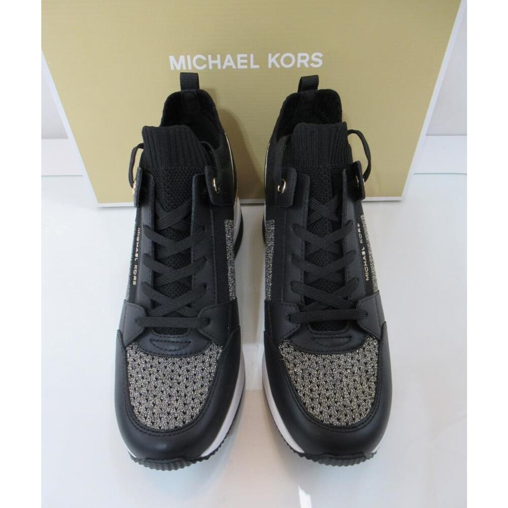 Michael Kors Georgie Knit Trainer Wedge Sneakers Laces MK Logo Black/Gold Size 8 - Picture 4 of 6